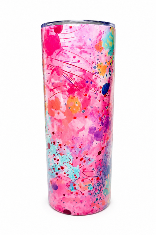 20 oz Cotton Candy Splash Tumbler with colorful watercolor design, lid, reusable metal straw, and cleaning brush on a white background.