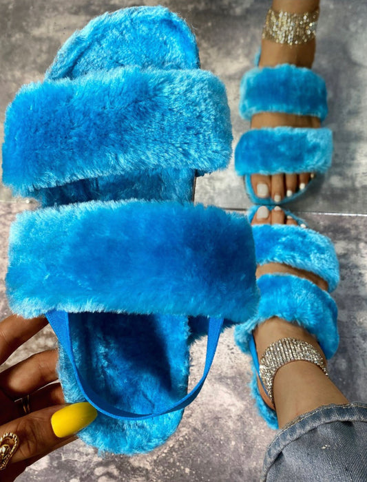 Cozy’s Blue Fuzzy Slipper Sandals